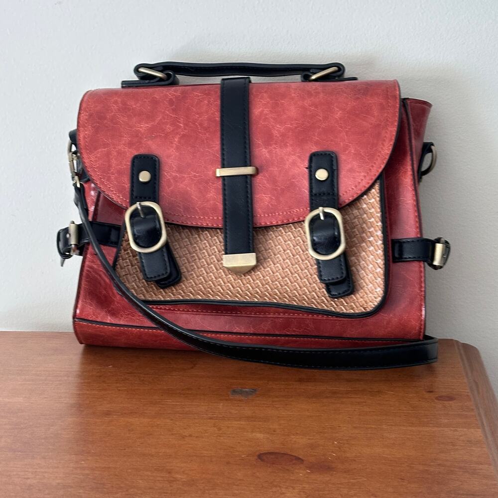 Modcloth Faux Leather Satchel Womens Muted Red Multicolor Messenger Bag Brief